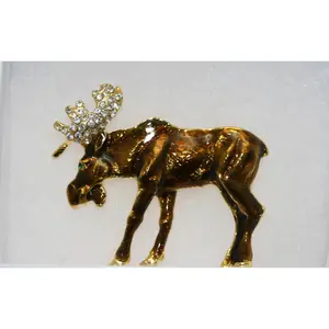 Vintage Amber Enamel Moose Brooch - Brown Gold Tone, Rhinestone-Accented Antlers, Wild Animal Themed Fashion Collar Clip Jewelry