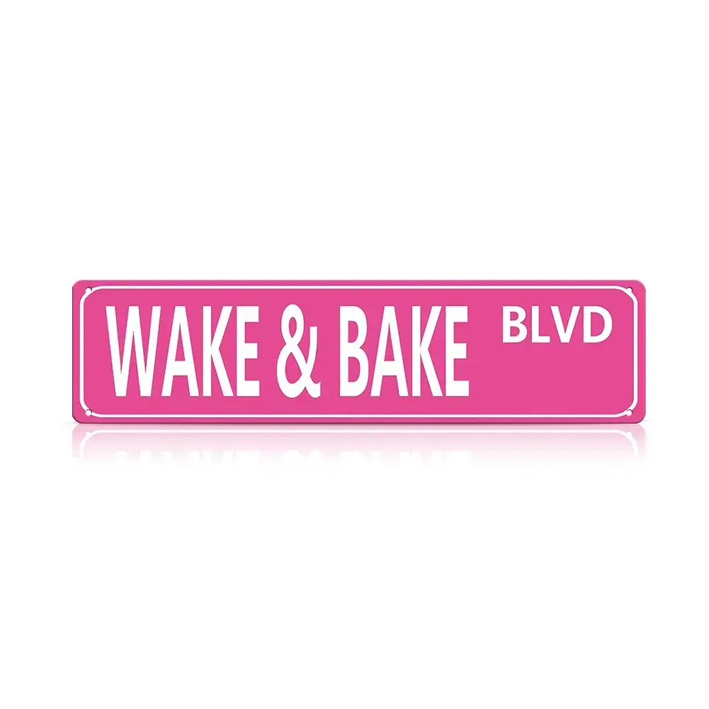 Wake & Bake Blvd Metal Sign - 16×4 in Retro Metal Plaque, Funny Street Sign Wall Decor for Garage, Man Cave