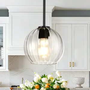 7.87in Pendant Light Ribbed Glass Globe | Boho Ambient Light for Kitchen Island & Dining Room(1 PACK)