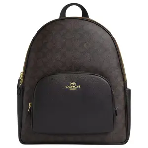 Coach Court 33 Leather-Effect Backpack for Women, Gold Horse and Carriage Logo, Large, Brown