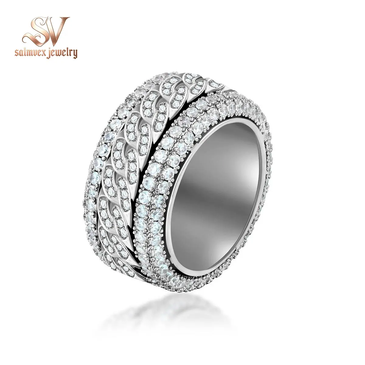Salmvex Jewelry Unisex Rotatable Layered Iced Ring Cuban Ring VVS Synthetic Moissanite S925 Band Perfect for Any Occasion & Everyday Wear Lover Birthday Anniversary Christmas Gifts