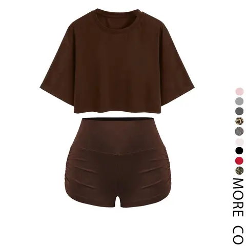 Women's Solid/All Over Print Round Neck Crop Tee & Shorts Two-piece Set, Casual Short Sleeve T-shirt & Shorts for Daily Wear, Ladies Summer Clothes