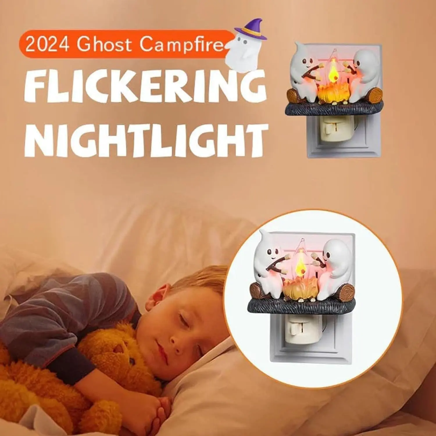 Cute Halloween Ghost Roasting Marshmallow Campfire Plug In Nightlight, Flickering Fire Effect Wall Insert Lamp, Seasonal Ambient Lighting for Indoor Home Party Decoration