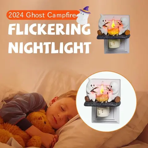 FADDISHDEAL Adorable Ghosts Halloween LED Plug-In Rotatable Flickering Nightlight - 4x4 in Ghost Campfire Wall Light, Unique Decor for Indoor Home Party Festive Decorations, Back-to-School Season Use