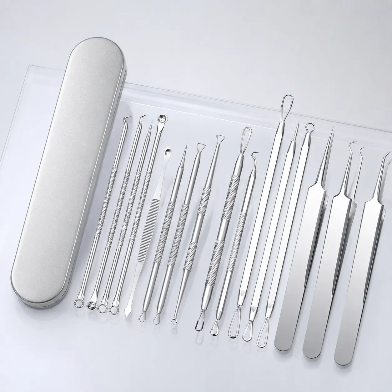 15-Pcs 410 Stainless Steel Acne Blackhead Tools Kit with Metal Case - Ergonomic Facial Blackhead Pore Remover, Alcohol-Free Extractor & Tweezer for Oily Skin, Travel Use