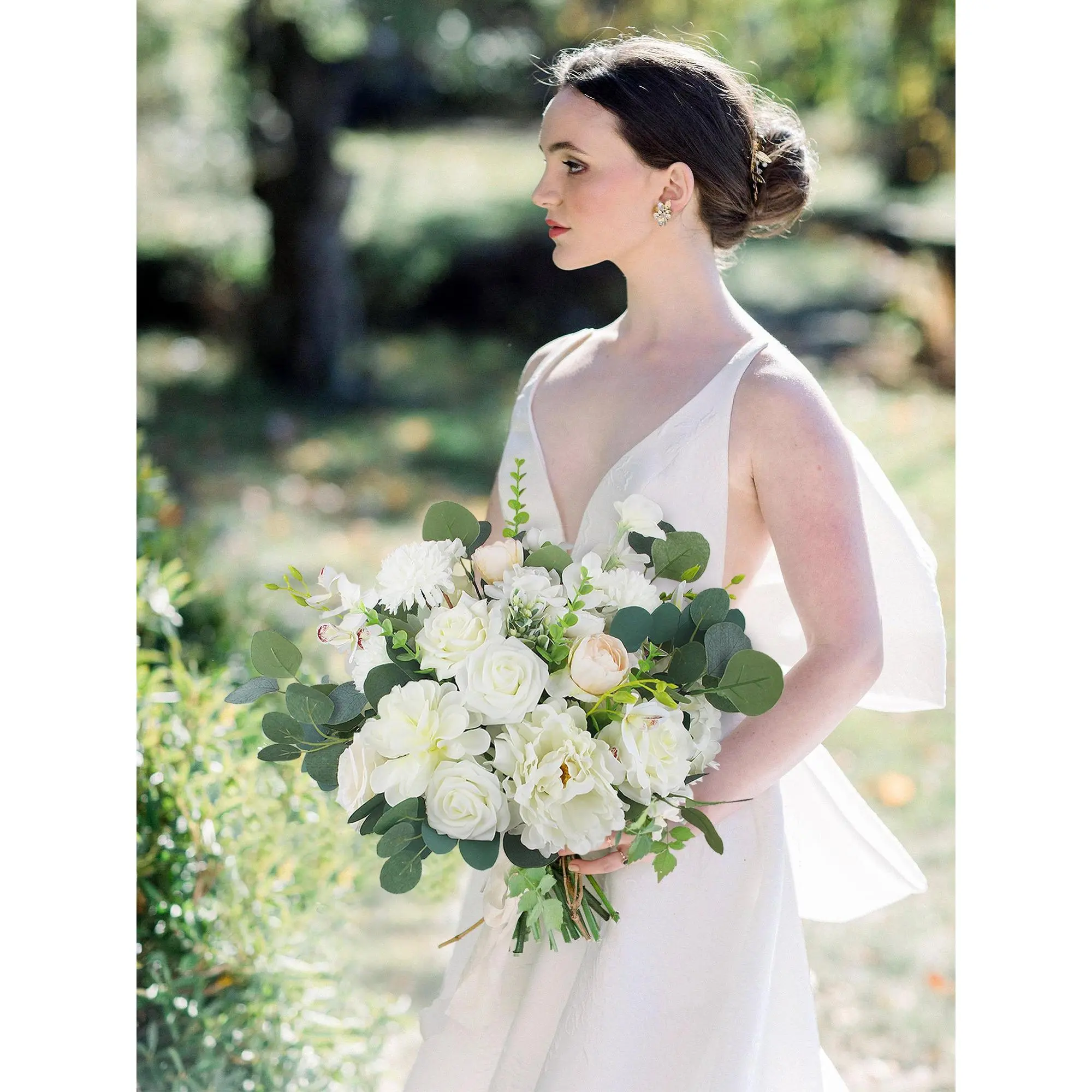 Rinlong 16.5" Wide Sage Green & White Silk Hand-Tied Decorative Wedding Bridal Bouquet, Loose Bunch Featuring Peonies, Orchids, Eucalyptus, Garden Flowers, Tulips & Sweet Peas