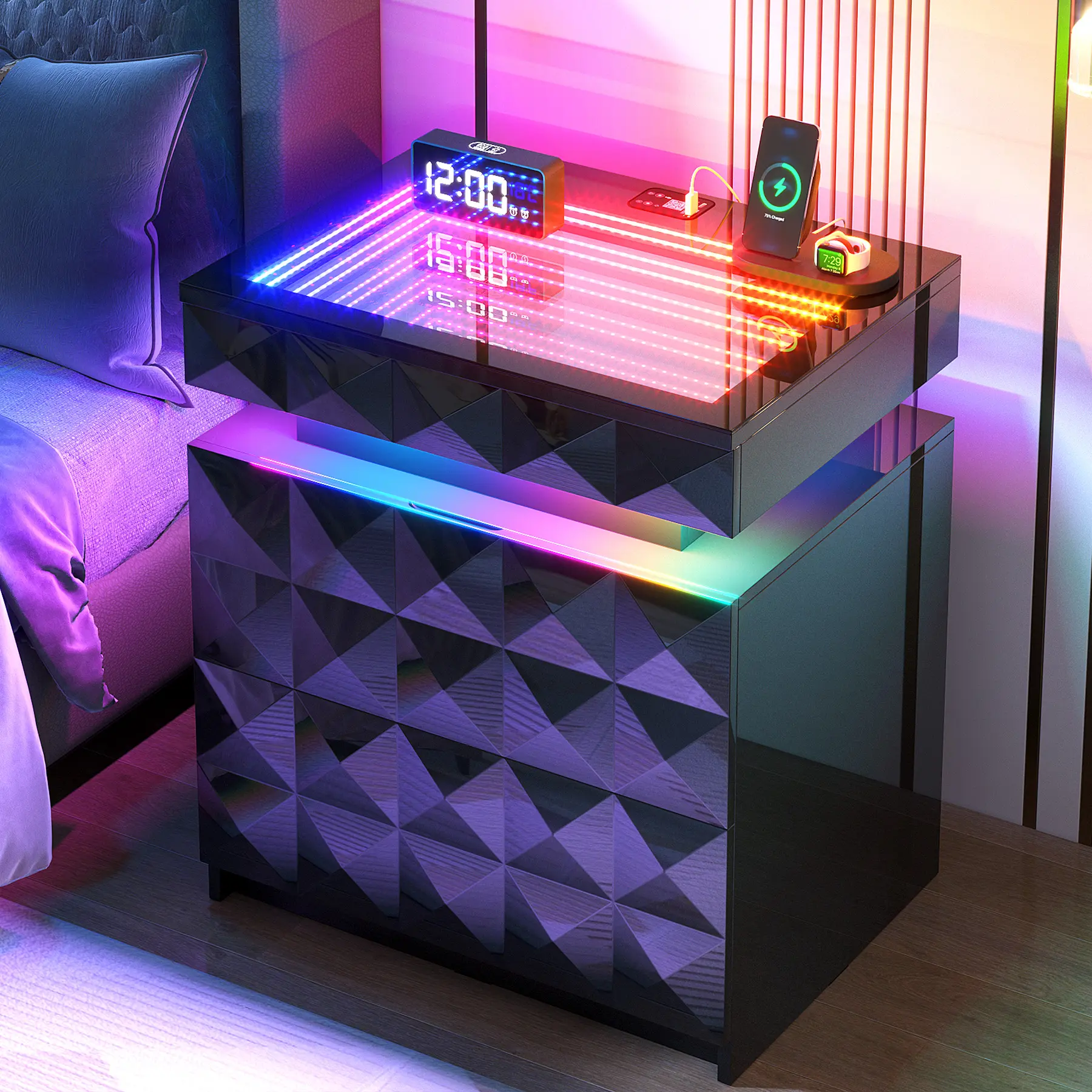 FREDEES 3-Drawer Contemporary Wood Nightstand - Electronic Charging Station, RGB Tunnel Lighting Display, Tempered Glass Sliding Top, Diamond-Plated Surface, Hidden Storage, Gun Drawer, Lock, Self-Assembled Indoor Furniture