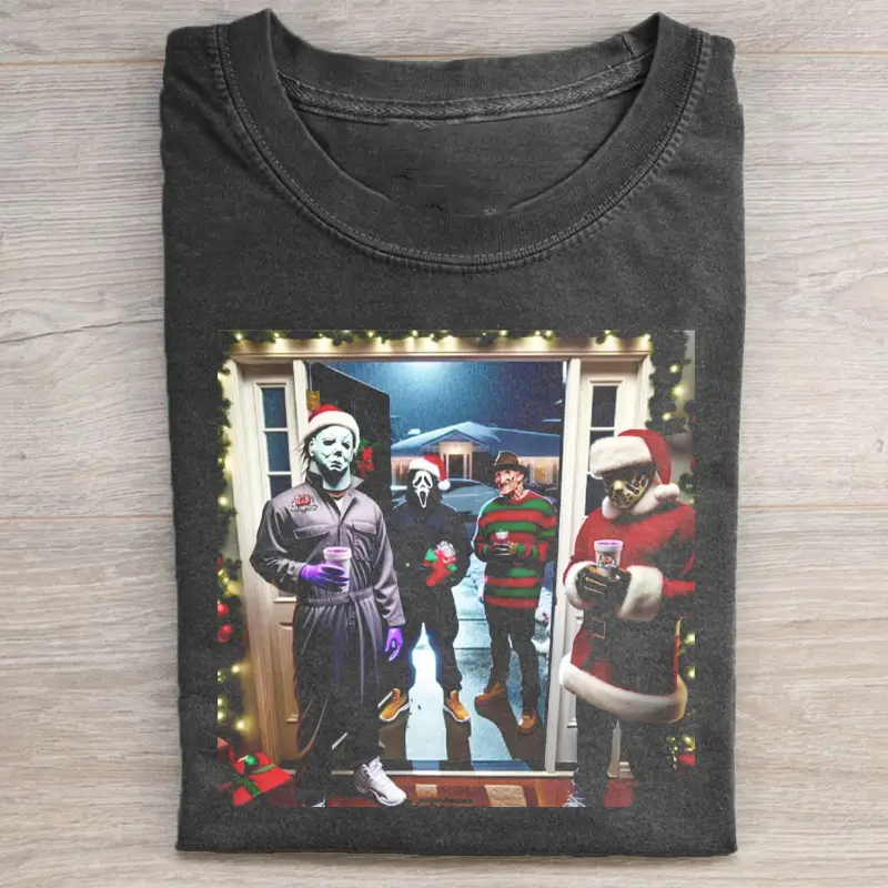 Funny All Character Christmas Horror Movies T-shirt, Ghost Face x M Myers x Kurgers Merry Chirstmas Shirt, Unisex Holiday Shirt, Cotton Menswear Top