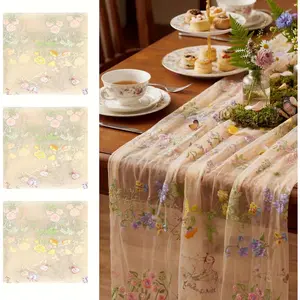 Champagne Floral 10ft Embroidery Tulle Spring Wildflower Table Runner Summer Butterfly Gauze Decoration for Wedding Baby Shower Birthday Party 3 Pcs