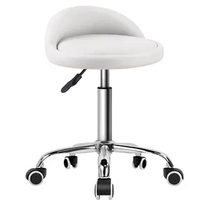KKTONER PU Leather Round Rolling Stool with Back Rest Height Adjustable Swivel Drafting Work SPA Task Chair with Wheels (White)