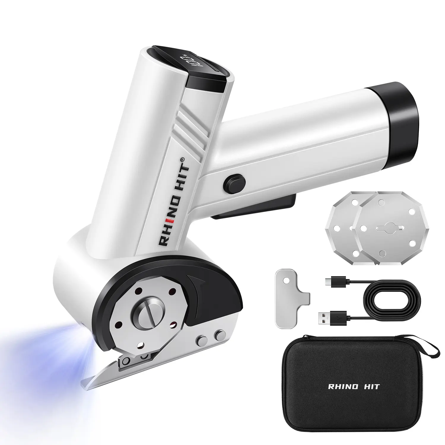 Cordless Cutting Tool, Cardboard Cutter with LED Display, Brushless Motor, Tungsten Steel 3 Blades, Electric Chop Saw for Fabric, Cardboard, Leather