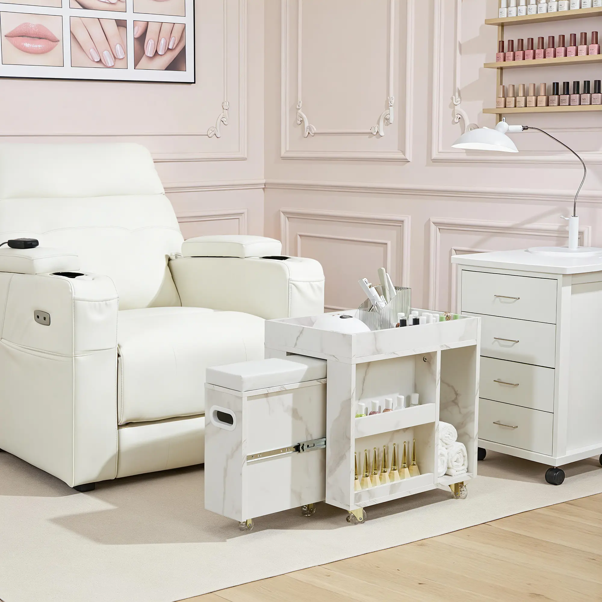 BarberPub Pedicure Cart with Multi-Storage Design, Mobile Nail Trolley with 4 Lockable Wheels for Salon or Home Use 2099