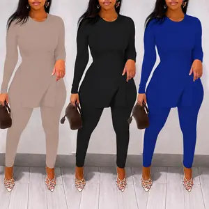 Plus Size Women's Two-Piece Set | Long-Sleeve Top with Split Hem Paired with Skinny Pants for a Fashionable, Minimalist Casual Ensemble