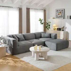 Luxury L-Shaped Cut Velvet Sofa - 4-Seater, 3-4 People Capacity, 122.10 x 70.10 x 26.80 in, Pure Sponge Seat Cushions, Detachable Footstool, 3 Throw Pillows, Double-Needle Polyester Sofa for Living Room, Office, Watch Party (Gray)