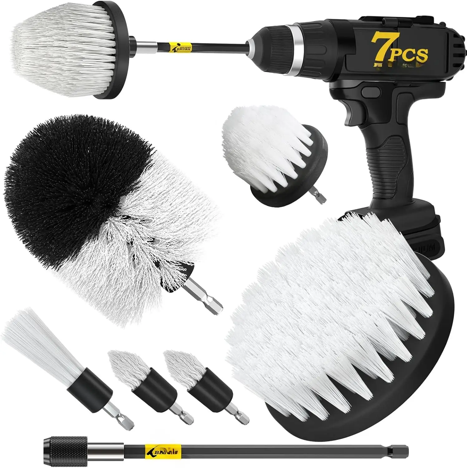 7-Pack Drill Brush Attachment Set - Household Cleaning Power Scrubber Kit with 1/4 Inch Connecting Rod, 6 Brushes & Extended Long Attachment for Bathroom, Car, Kitchen Floor and Tile (White)