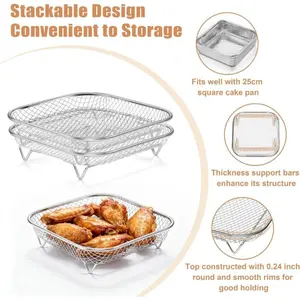 3-Piece Stainless Steel Dehydrator Rack Set, Stackable 8-Inch Square Air Fryer Rack with Silicone Feet, Oven & Deep Frying Safe