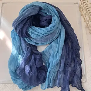 Women's /Korean-Inspired Oversized Wrinkle Scarf Shawl - Soft Gradient Ombre ( to Lilac) - Wrinkle Texture Fringe Trim - Versatile /Korean Style Accessory for Dresses, Blouses, Jeans - Hand Washable