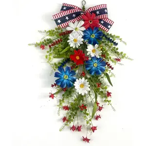 20" Patriotic Teardrop Swag Wreath for 4th of July Independence Day with Red White Blue Daisy Flag Bow Tie Swags for Front Door Wall Hanging Memorial Day Flag Day Farmhouse Outdoor Decor