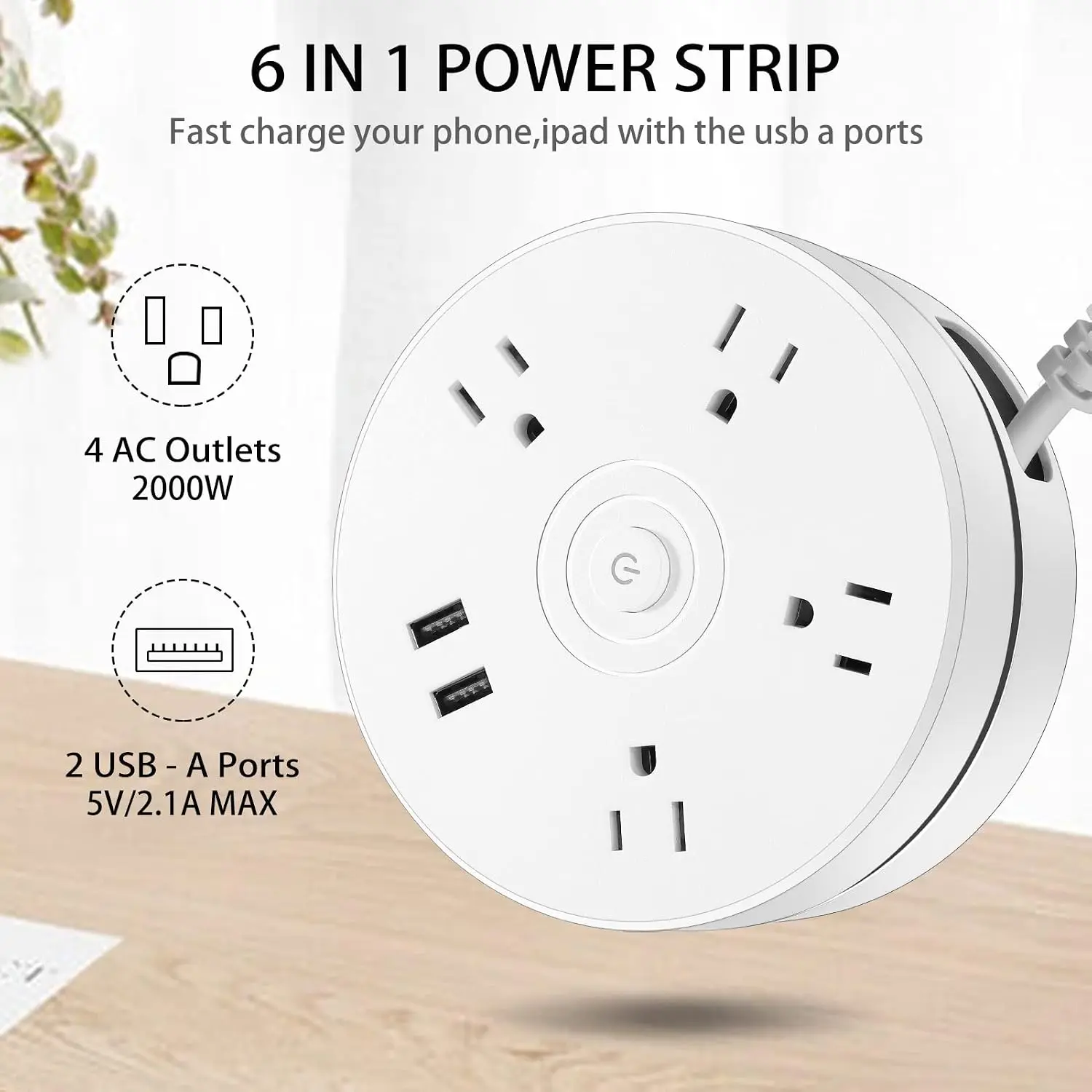 6 ft Braided Surge Guard Power Strip - Retractable Cord, Flat Plug, Tangle-Free Portable Wall-Mount Charging Hub, 4 Widely Spaced Outlets, 2 USB Ports, 2000w Load for Home Office Indoor Use