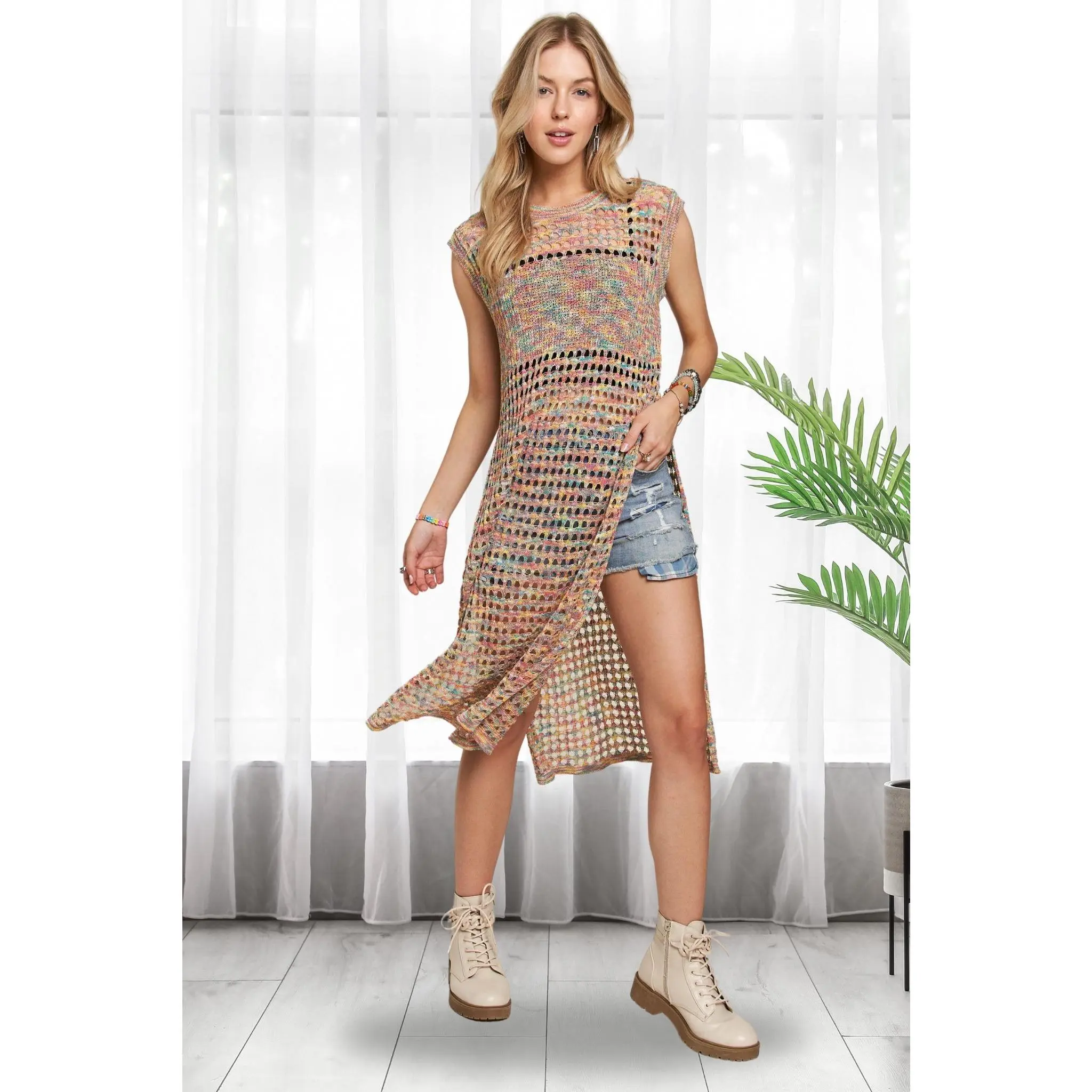 ADORA Multi Color Crochet Tunic Top
