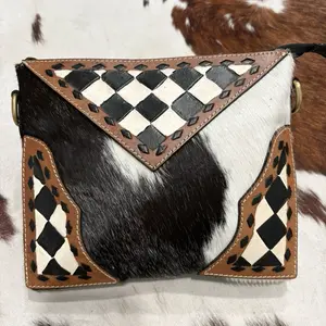 Checkered Leather & Cowhide Large Pouch