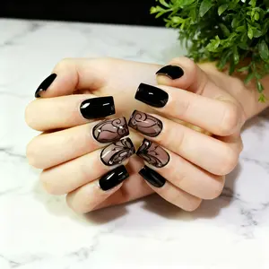 Black Press on Nails Short Square Fake Nails Black Vine Acrylic Glue on Nails Full Cover Glossy Nails Press ons Short Stick on Nails Summer Artificial Nails for Women Girls - 24Pcs