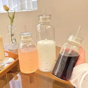 2pc 25oz/750ml Clear High Borosilicate Glass Water Bottle with 2 Caps & Stainless-Steel Straw, Portable Eco-Friendly Transparent Tumbler Mug, Easy to Clean Healthy Drinkware