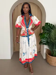 Resort Chic – White and Red Contrast Panel Shirt Dress with Artistic Crane Motif