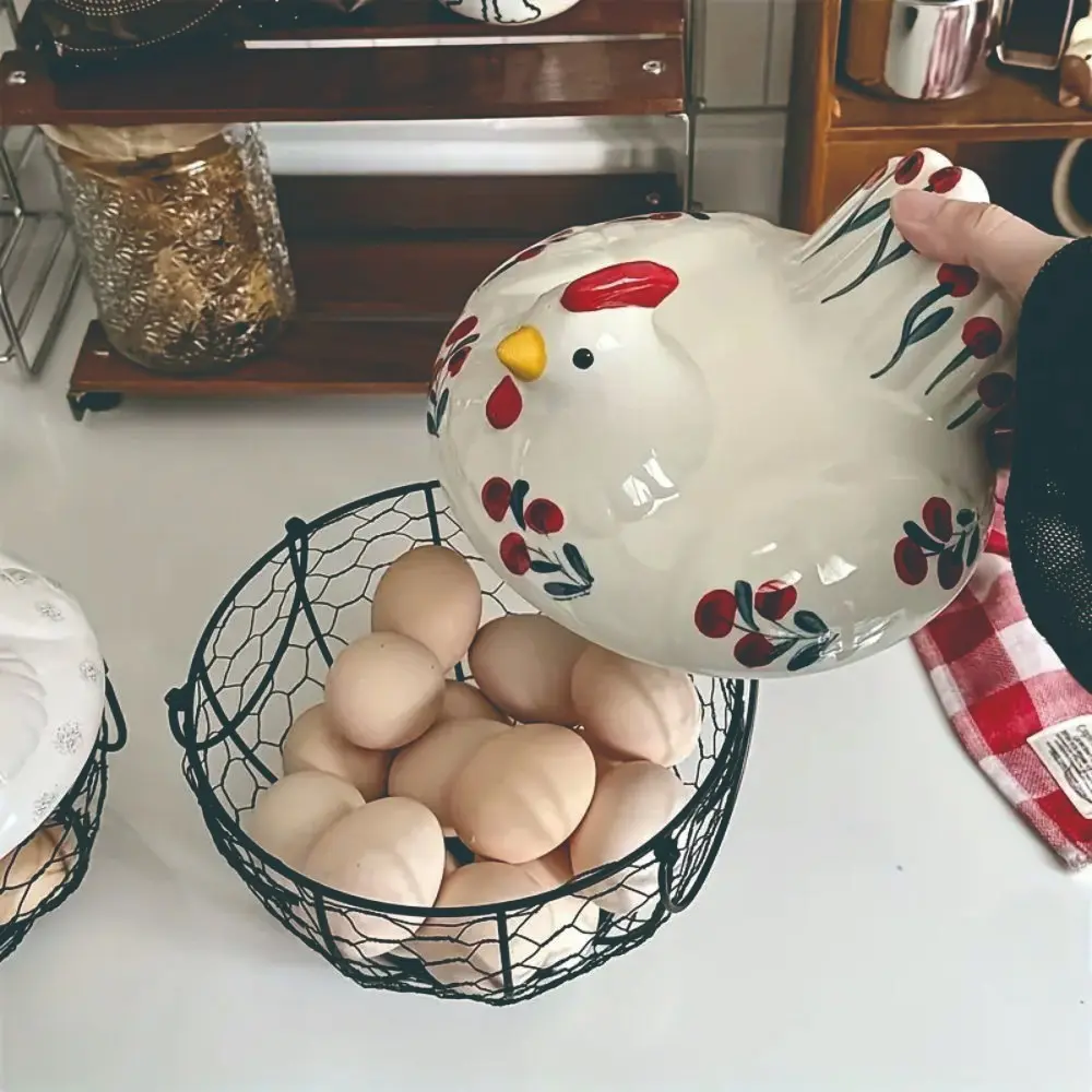 Farmhouse Style Chicken Egg Storage Basket with Lid, Decorative Kitchen Counter Food Storage Organizer for Eggs, Fruits and Vegetables, Multipurpose Basket, Basket with Handles, Decorative Storage Organizers