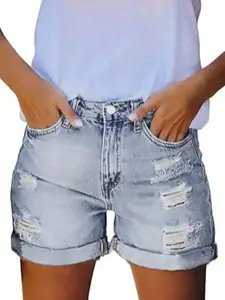 Vhein Trendy High - Waisted Distressed Denim Shorts Casual Women Womenswear Bottom Fitted Maternity Pocket jean 90s outfits, Streetwear, Denim Shorts For Women