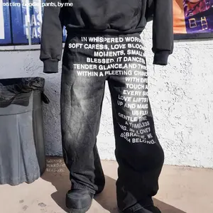 Vintage Washed Typography Graphic Baggy Wide Leg Jeans, Dark Streetwear Loose Floor Length Denim Pants