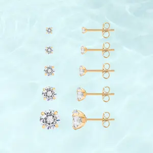 PAVOI Waterproof Five Pairs Stud Earrings Set for Women - 14K Gold Plated Stainless Steel 5 Earrings Pack - Hypoallergenic Premium Cubic Zirconia Studs