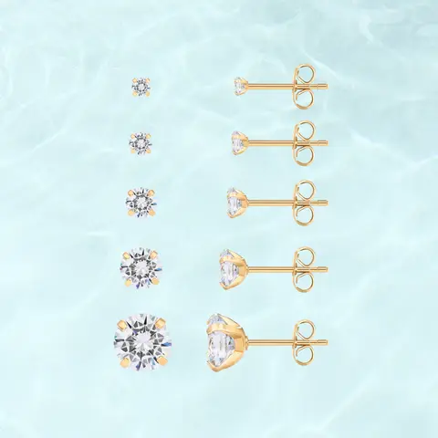 PAVOI Waterproof Five Pairs Stud Earrings Set for Women - 14K Gold Plated Stainless Steel 5 Earrings Pack - Hypoallergenic Premium Cubic Zirconia Studs