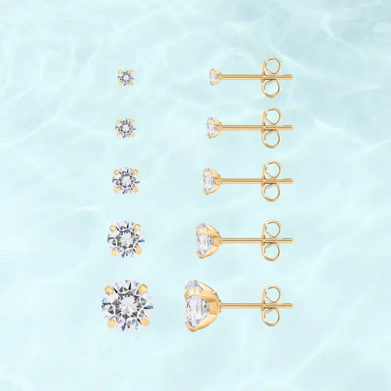 PAVOI Waterproof Five Pairs Stud Earrings Set for Women - 14K Gold Plated Stainless Steel 5 Earrings Pack - Hypoallergenic Premium Cubic Zirconia Studs