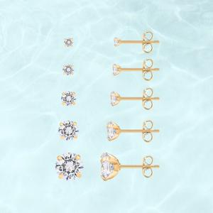 PAVOI Waterproof Five Pairs Stud Earrings Set for Women - 14K Gold Plated Stainless Steel 5 Earrings Pack - Hypoallergenic Premium Cubic Zirconia Studs