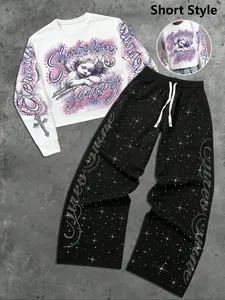 Men's Short Angel Sweatshirt & Pants Set, Fall Fashion Street Style, Fitted Design, Trendy Campus Wear, Versatile