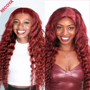RECOYA 30 Inch 99J Burgundy Lace Front 100% Vietnam Virgin 12A Human Hair 5X5  HD Transparent Glueless Loose Deep Wave Lace Front 200% Density Wigs Pre Plucked Red Wine