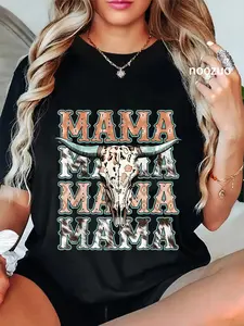 100% Cotton Unisex Mama Western Retro Groovy Cow Skull Country Rodeo Mother Day T-Shirt Casual Top