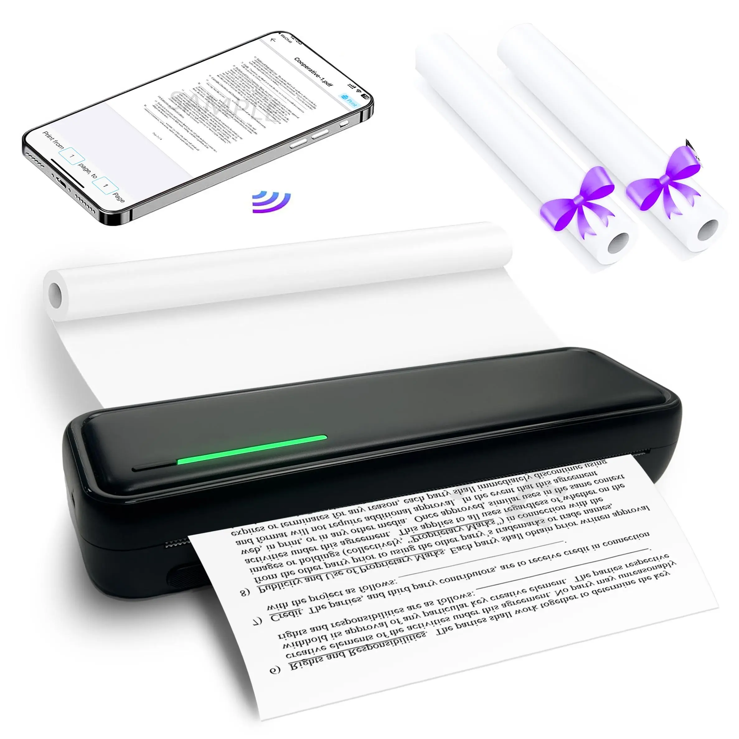 Portable A4 Thermal Printer with 2 Rolls Paper, 1 Count Wireless Support Mobile BT & PC Print Battery Powered Printer Excluded Battery, Smart Printer