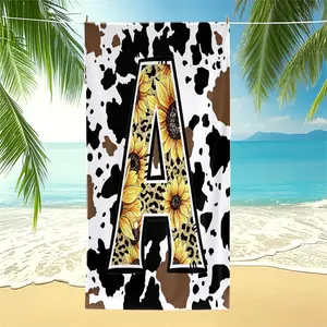 Printed Microfiber Beach Towel - Stunning Cow Print & Sunflower 26 Letter Beach Towel, Soft & Absorbent for Pool, Yoga, Picnic, Trendy Home Decor Gift, Fast Drying, Lightweight, Machine Washable Perfect for Summer Beach Days and Outdoor Adventures.