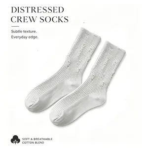 Avyra Inspired Ripped Mid-Calf Socks, Womenswear Neutral Tone Ribbed Knit Breathable Casual Street Fashion All-Season Socks