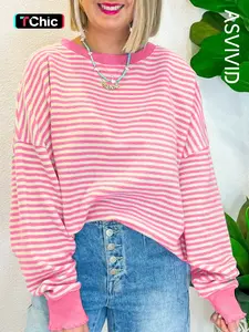 Women's Striped Drop Shoulder Hoodie - Oversized Loose Fit, Round Neck Pullover for Spring&Fall, Ladies Casual Wear