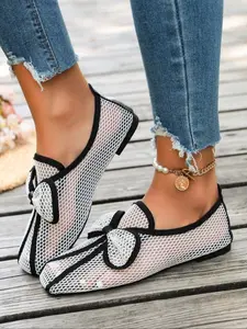 Women's Summer Mesh Bow Flat Shoes, Breathable Hollow Out Slip-On Mary Jane Dance Shoes, Cute Textile Rubber Sole