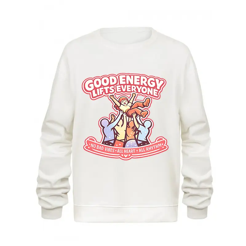 "Good Energy Lifts Everyone" Graphic Sweatshirt – Positive Vibes Cartoon Crewneck Pullover, Casual Long Sleeve Top, Inspirational Gift