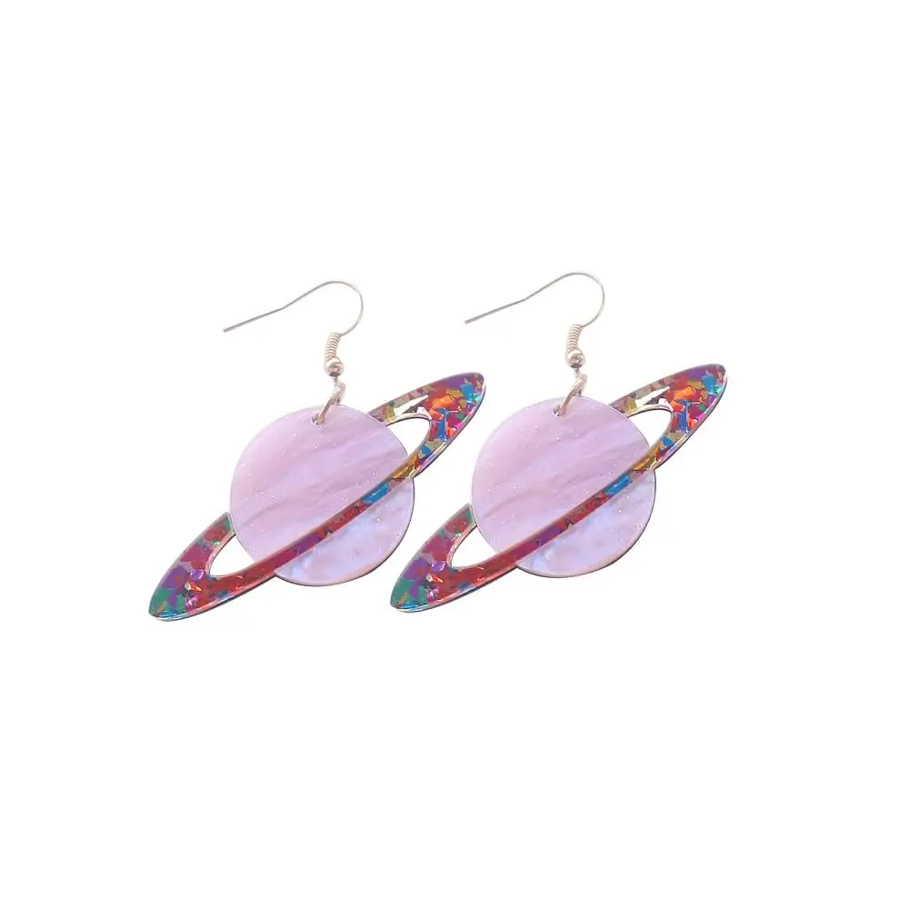 Sequins Universe Dangle Earrings For Women Big Pink Purple Saturn Spaceship Moon Star Celestial Drop Fish Hook Dangling Lightweight Fashion Y2k Aerospace Theme Party