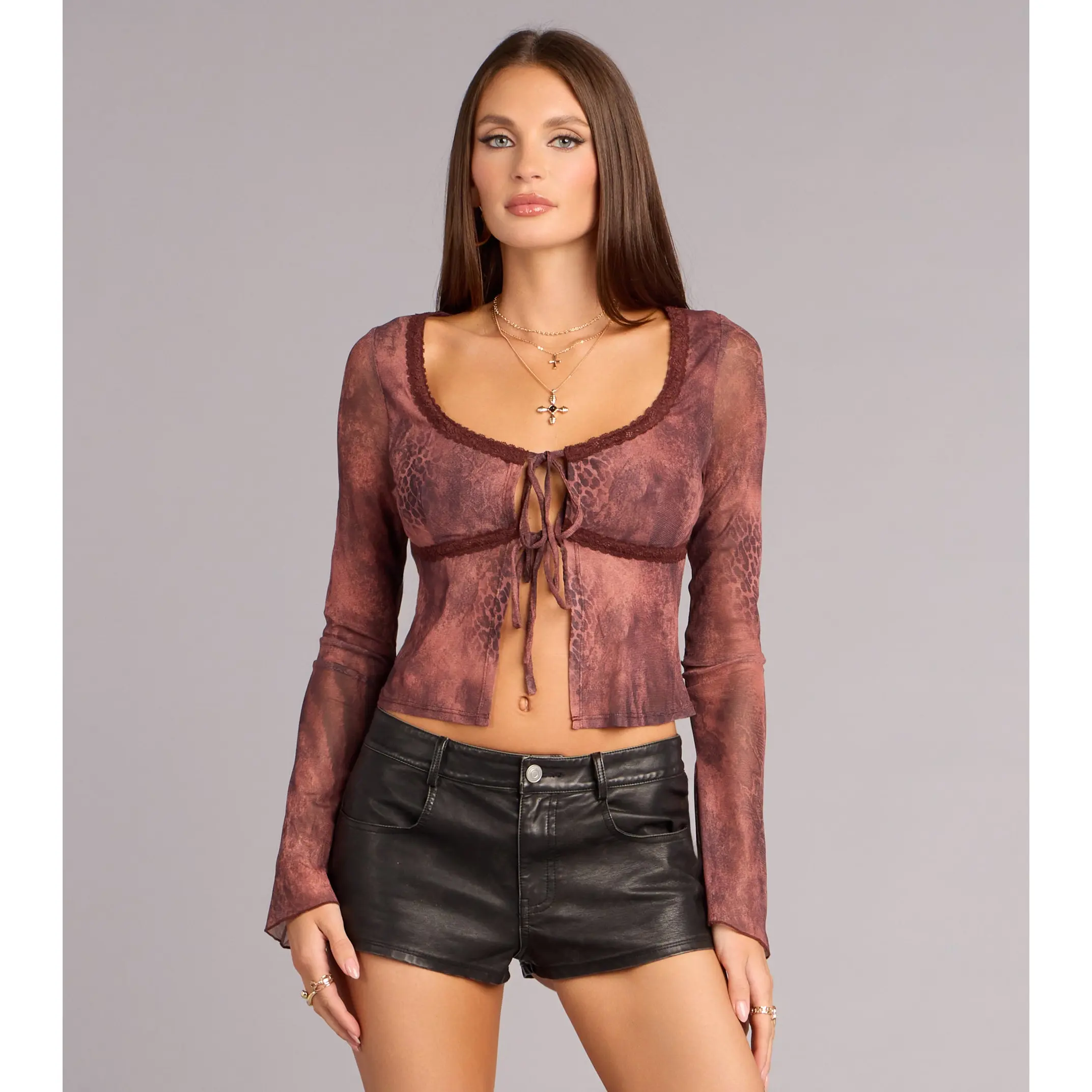 Bold Deets Snake Print Mesh Tie-Front Top