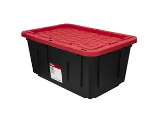 27 Gallon Black & Red Plastic Storage Bin Industrial Strength Container with Snap-On Lid for Garage Tools or Home Durable Plastic Versatile Use