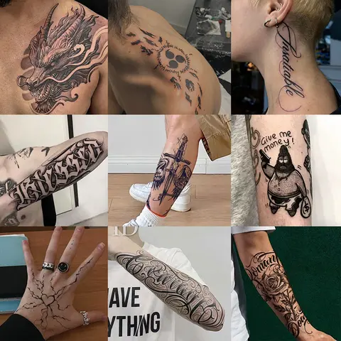 Henna Tattoo Kit - 9-Piece Large Basic Fake Stickers with Floral Letter Designs, Durable, Waterproof, Friction-Resistant, Realistic, Allergy-Free, Fragrance-Free, Lasts 7-15d, Avoids Skin Irritation, For All Skin Types (Fake Tattoo Sleeve Compatible)