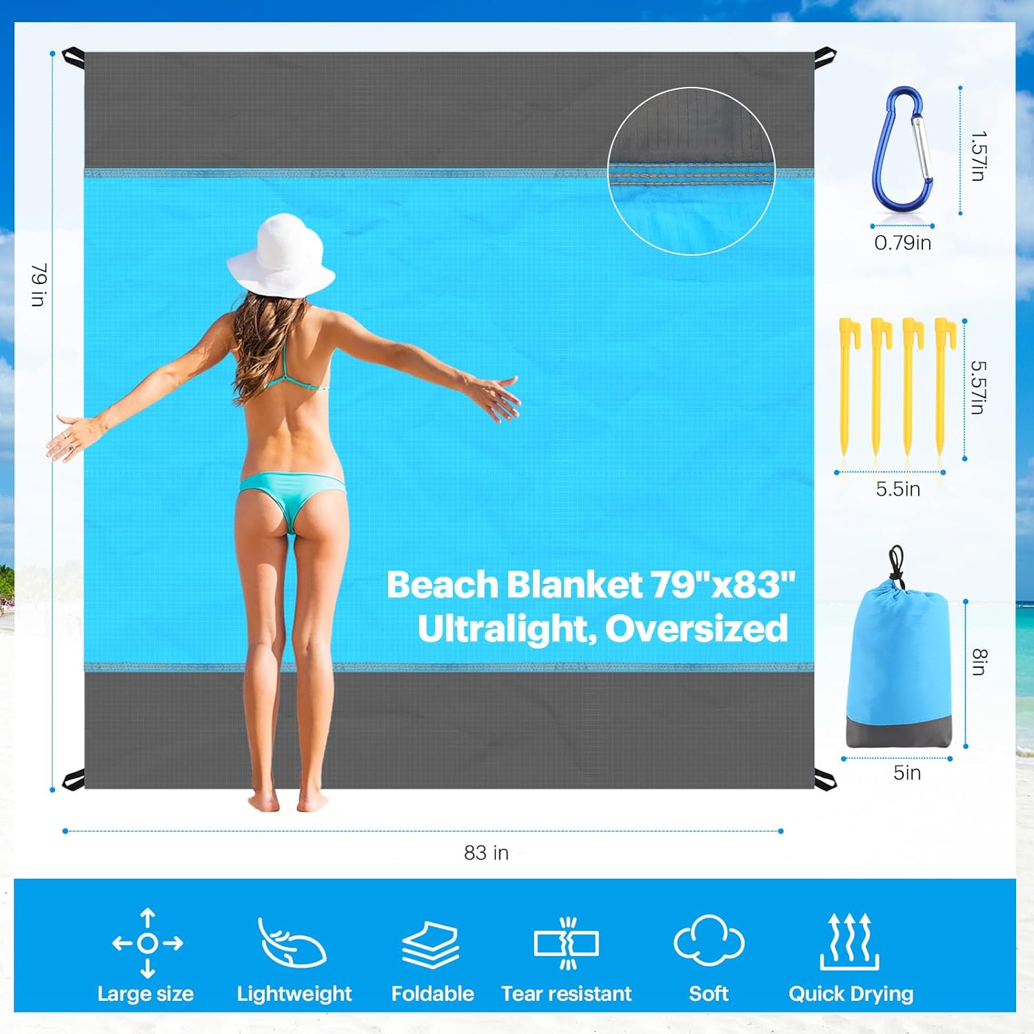 Extra Large Beach Blanket 79" x 83" Sandproof & Waterproof, Lightweight Foldable Picnic Mat, Portable Travel Camping Hiking Outdoor Beach Mat for Family