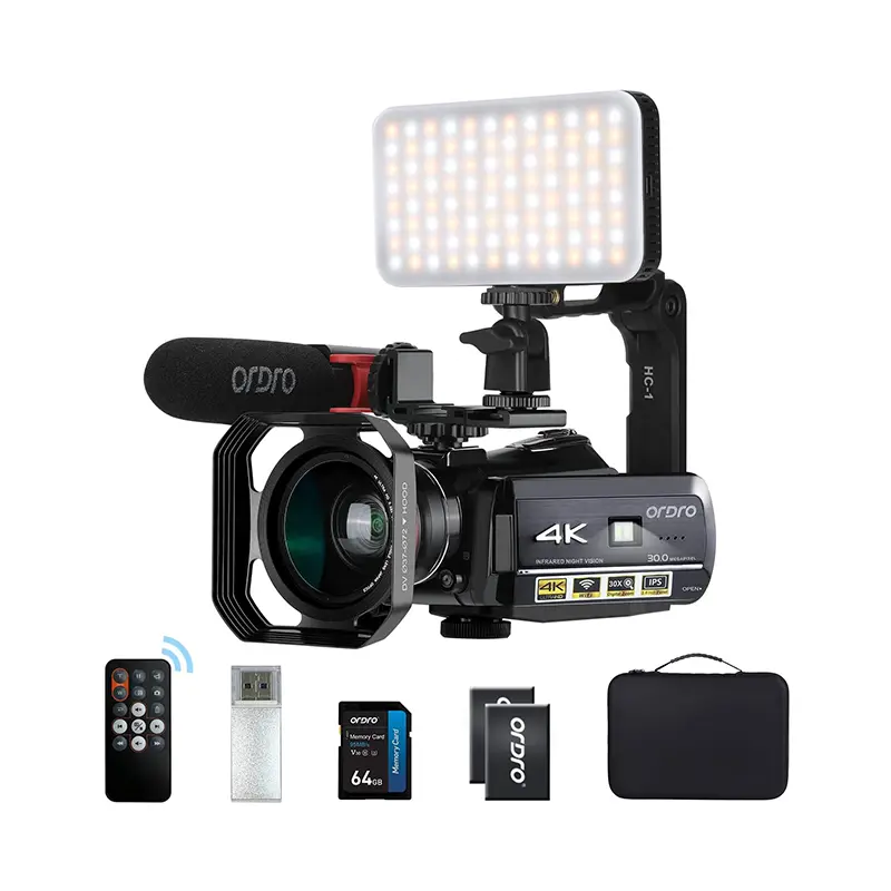 ORDRO 4K Video Camera IR Night Vision Vlogging Touch Screen Camera Portable Digital Zoom Recorder with Microphone,Wide Angle Lens,LED Video Light,Handheld Stabilizer,Carrying Case,64G Recording Card Picture